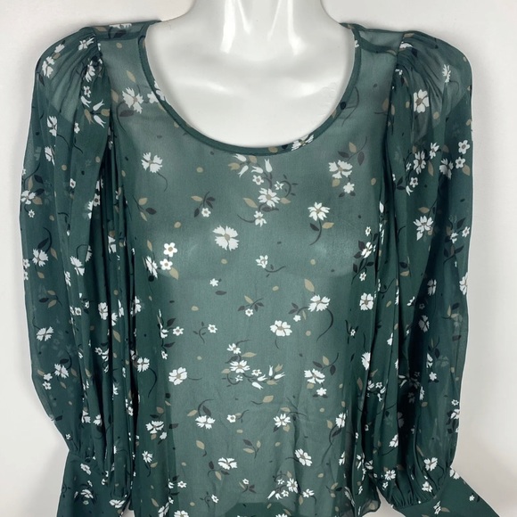 Country Road Blouse Top Green White Floral Long Sleeve Sheer Lightweight Size 8 - Picture 3 of 12